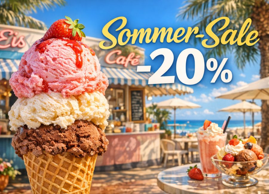 KI-generiertes Postkarten-Design: Eiscafé mit Sommer-Sale-Schriftzug
